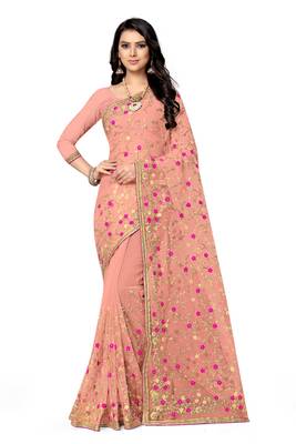 Peach embroidered net saree with blouse 2
