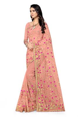 Peach embroidered net saree with blouse 3