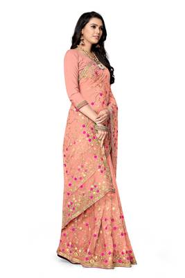 Peach embroidered net saree with blouse 4