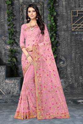 Pink embroidered net saree with blouse 1