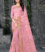 Pink embroidered net saree with blouse