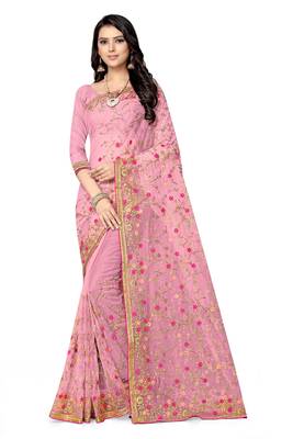 Pink embroidered net saree with blouse 2