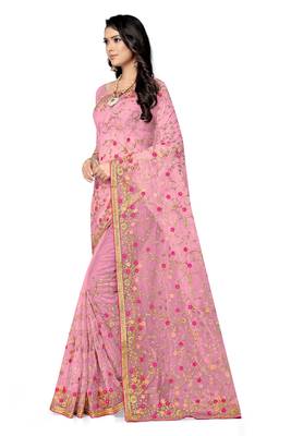 Pink embroidered net saree with blouse 3