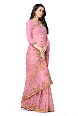 Pink embroidered net saree with blouse 4