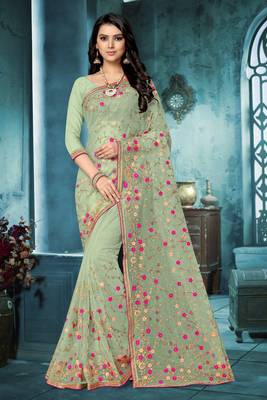 Green embroidered net saree with blouse 1