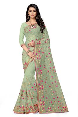 Green embroidered net saree with blouse 2