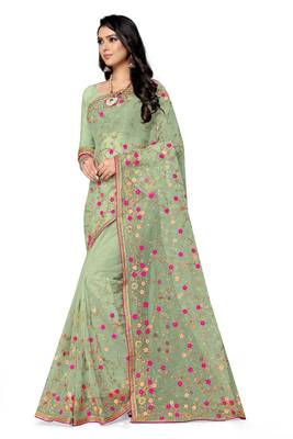 Green embroidered net saree with blouse 3