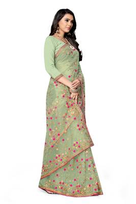 Green embroidered net saree with blouse 4