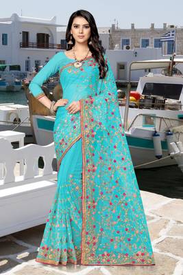 Light blue embroidered net saree with blouse 1