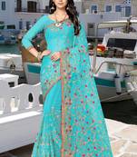 Light blue embroidered net saree with blouse