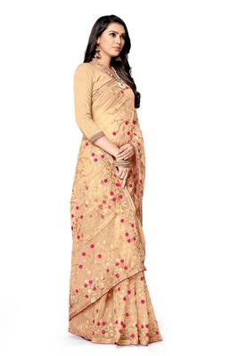 Golden embroidered net saree with blouse 4