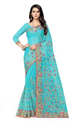 Light blue embroidered net saree with blouse 2