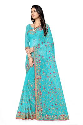 Light blue embroidered net saree with blouse 3