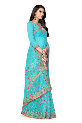Light blue embroidered net saree with blouse 4