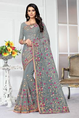 Grey embroidered net saree with blouse 1