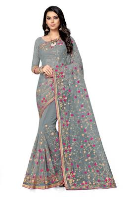 Grey embroidered net saree with blouse 2
