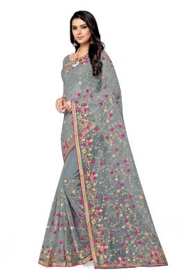 Grey embroidered net saree with blouse 3
