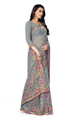 Grey embroidered net saree with blouse 4