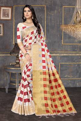 Red printed silk saree with blouse 1