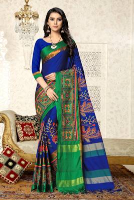 Blue embroidered cotton silk saree with blouse 1