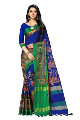 Blue embroidered cotton silk saree with blouse 2