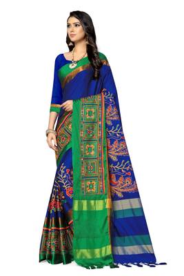 Blue embroidered cotton silk saree with blouse 3