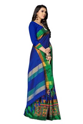 Blue embroidered cotton silk saree with blouse 4