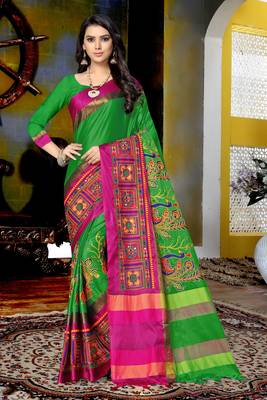 Green embroidered cotton silk saree with blouse 1