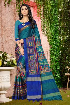 Light blue embroidered cotton silk saree with blouse 1