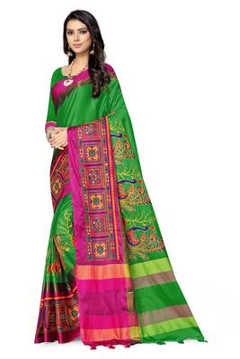 Green embroidered cotton silk saree with blouse 3