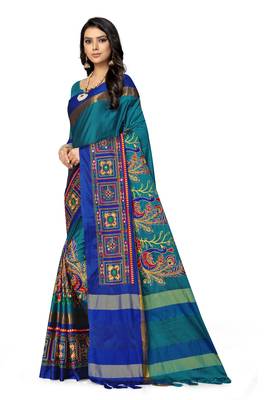Light blue embroidered cotton silk saree with blouse 3