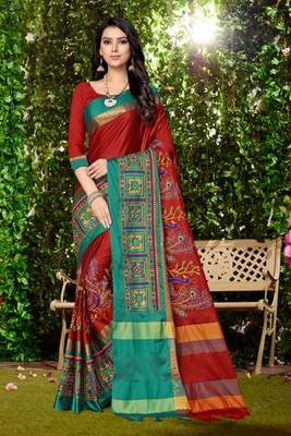 Red embroidered cotton silk saree with blouse 1