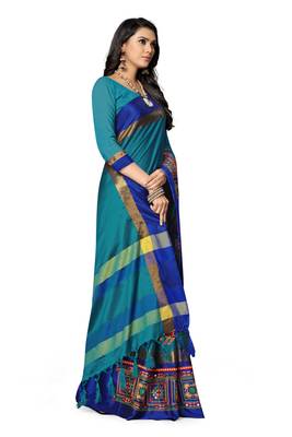 Light blue embroidered cotton silk saree with blouse 4