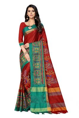 Red embroidered cotton silk saree with blouse 2