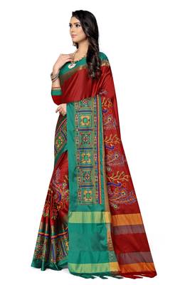 Red embroidered cotton silk saree with blouse 3