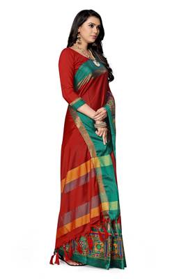 Red embroidered cotton silk saree with blouse 4