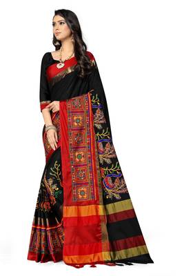 Black embroidered cotton silk saree with blouse 3