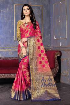 Pink printed art silk saree with blouse