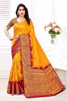 Yellow printed art silk saree with blouse