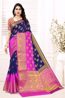 Blue printed art silk saree with blouse