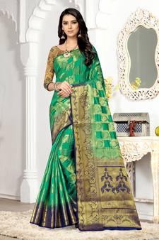Green printed art silk saree with blouse