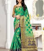 Green printed art silk saree with blouse