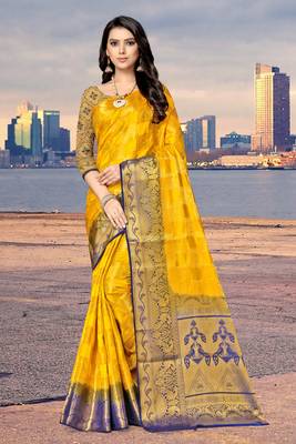 Yellow printed art silk saree with blouse 1