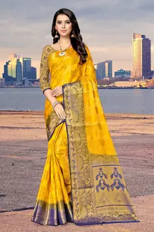 Yellow printed art silk saree with blouse
