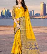 Yellow printed art silk saree with blouse