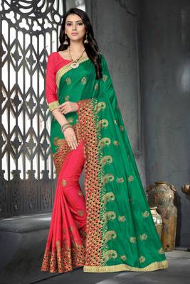 Pink embroidered silk saree with blouse 1
