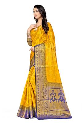 Yellow printed art silk saree with blouse 2