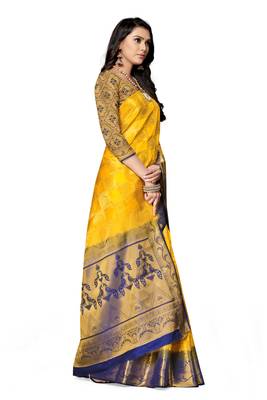 Yellow printed art silk saree with blouse 3