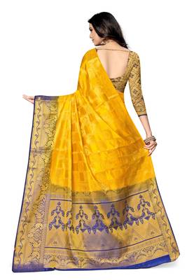 Yellow printed art silk saree with blouse 4
