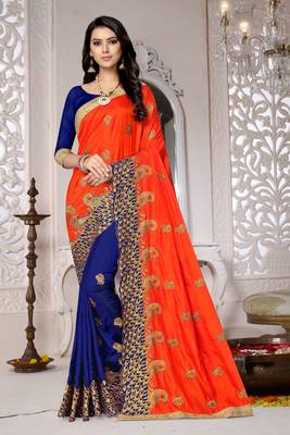 Dark blue embroidered silk saree with blouse 1